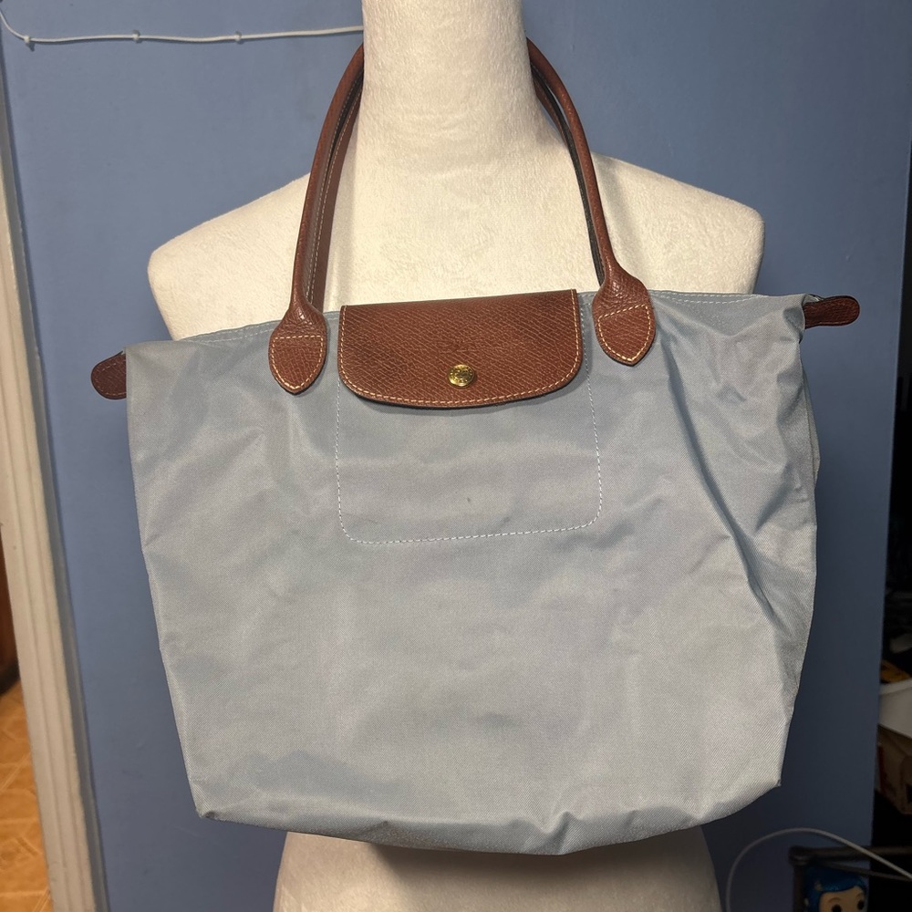 Longchamp Light Blue Tote with Brown Handles